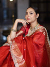Banarasee Handloom Tissue Saree With Hand Embroidered Mirror Work Pearl Motifs & Zari Woven Pallu-Red
