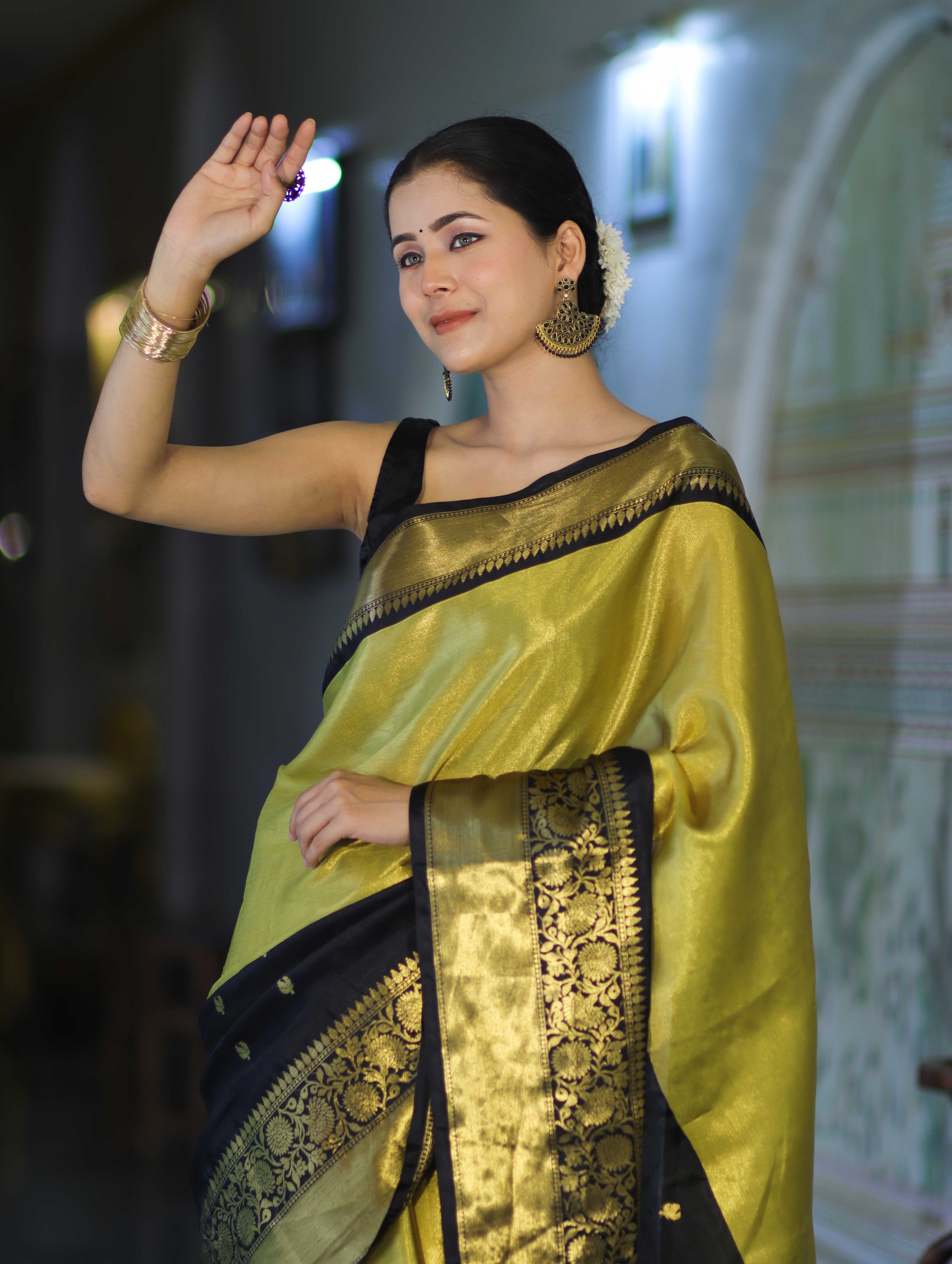 Banarasee Handloom Semi Silk Tissue Saree With Zari Design & Broad Border-Black & Yellow
