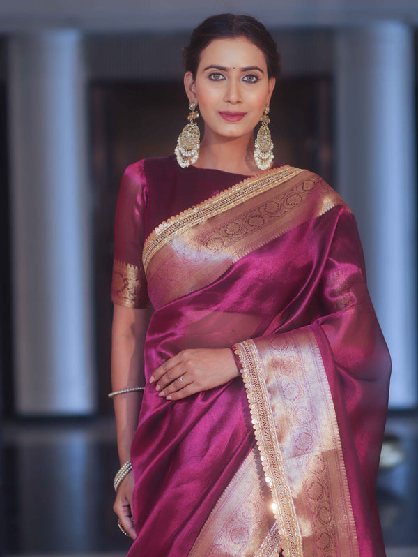 Banarasee Handwoven Plain Tissue Saree Zari Border With Lace-Magenta