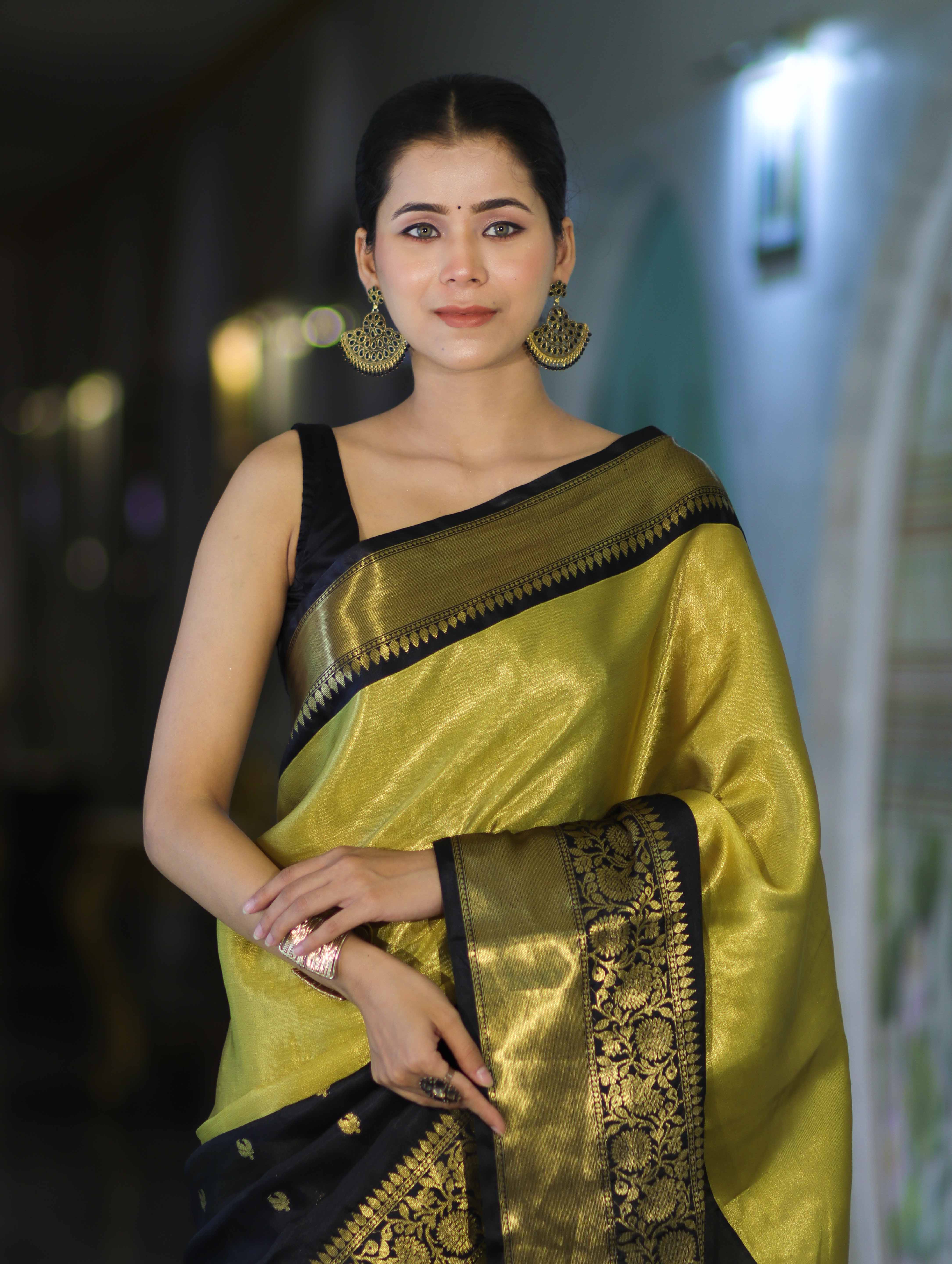 Banarasee Handloom Semi Silk Tissue Saree With Zari Design & Broad Border-Black & Yellow