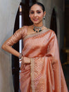 Banarasee Handwoven Tissue Saree With Zari Buti Design Border & Lace-Peach