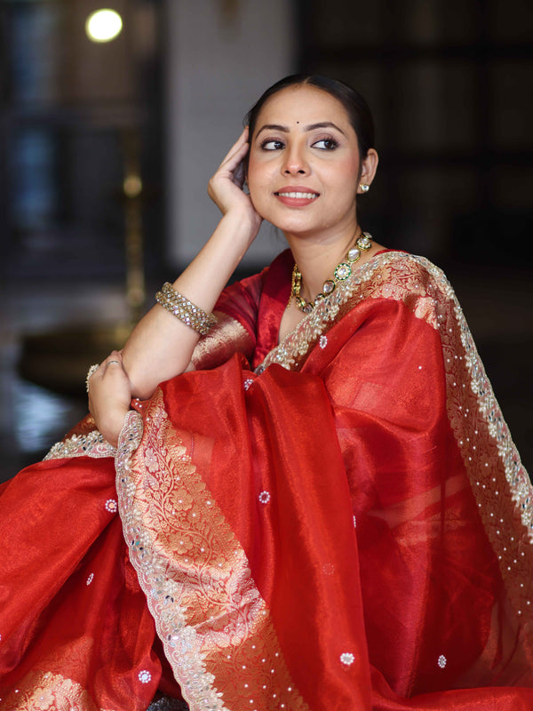 Banarasee Handloom Tissue Saree With Hand Embroidered Mirror Work Pearl Motifs & Zari Woven Pallu-Red