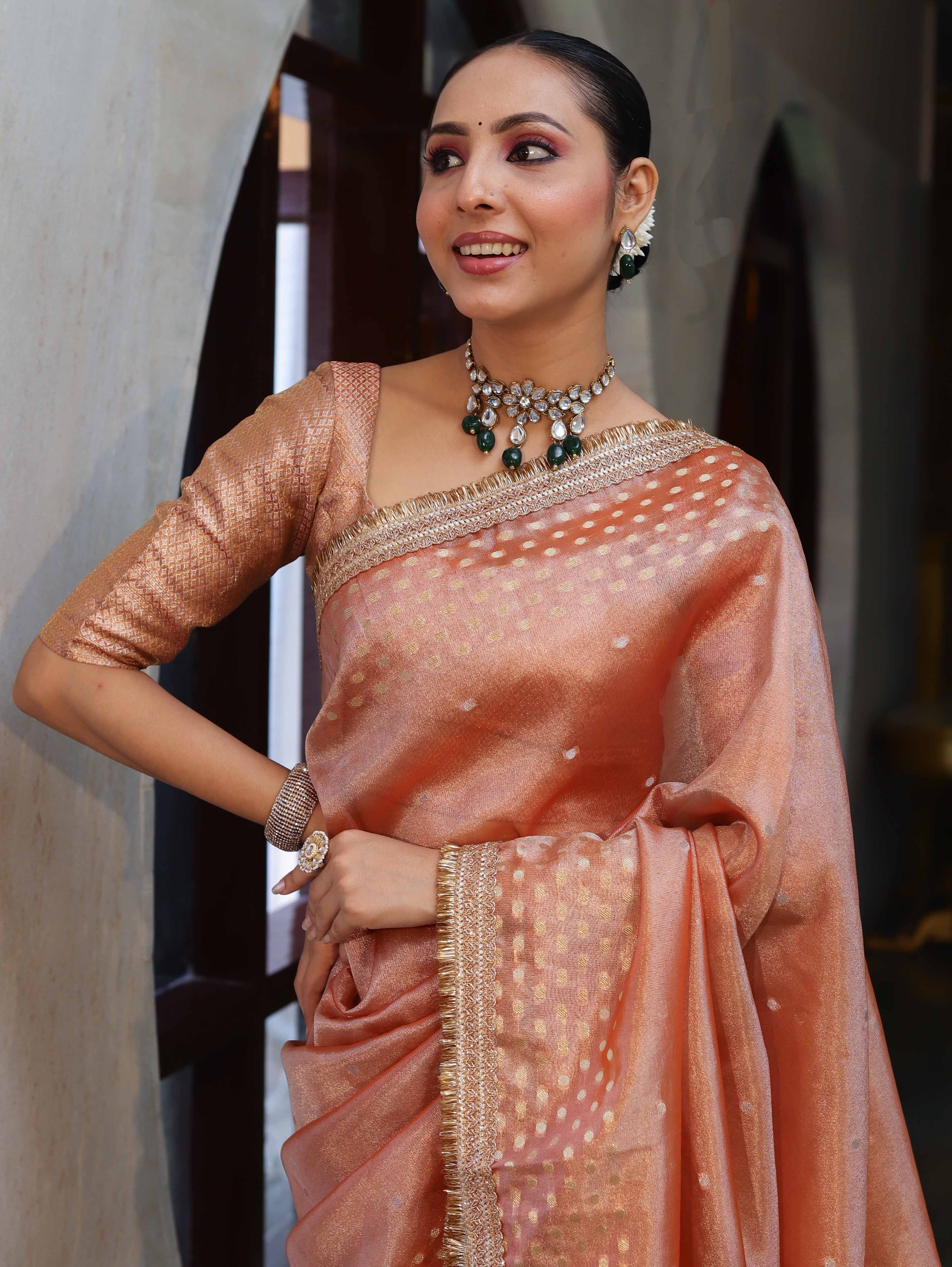 Banarasee Handwoven Tissue Saree With Zari Buti Design Border & Lace-Peach