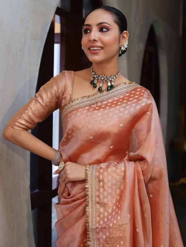 Banarasee Handwoven Tissue Saree With Zari Buti Design Border & Lace-Peach