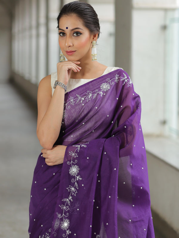 Banarasee Chanderi Cotton Hand-Embroidered Saree-Violet