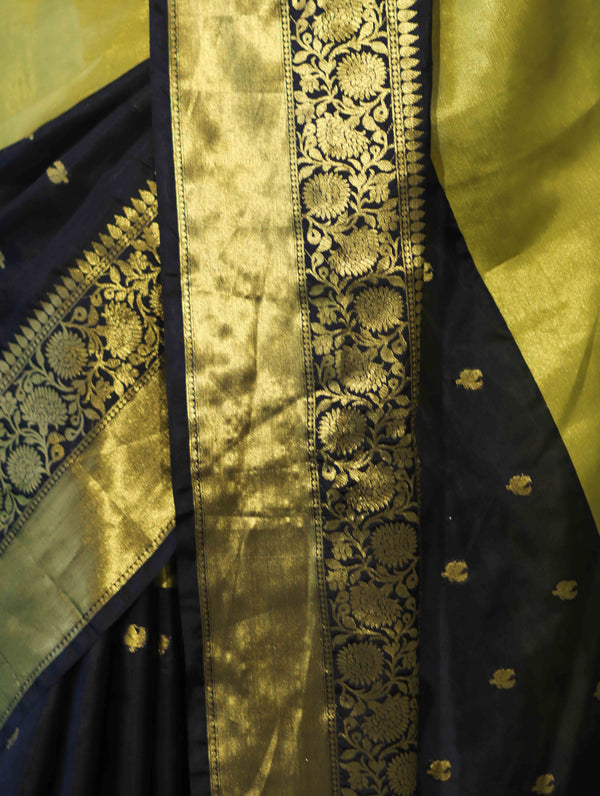 Banarasee Handloom Semi Silk Tissue Saree With Zari Design & Broad Border-Black & Yellow