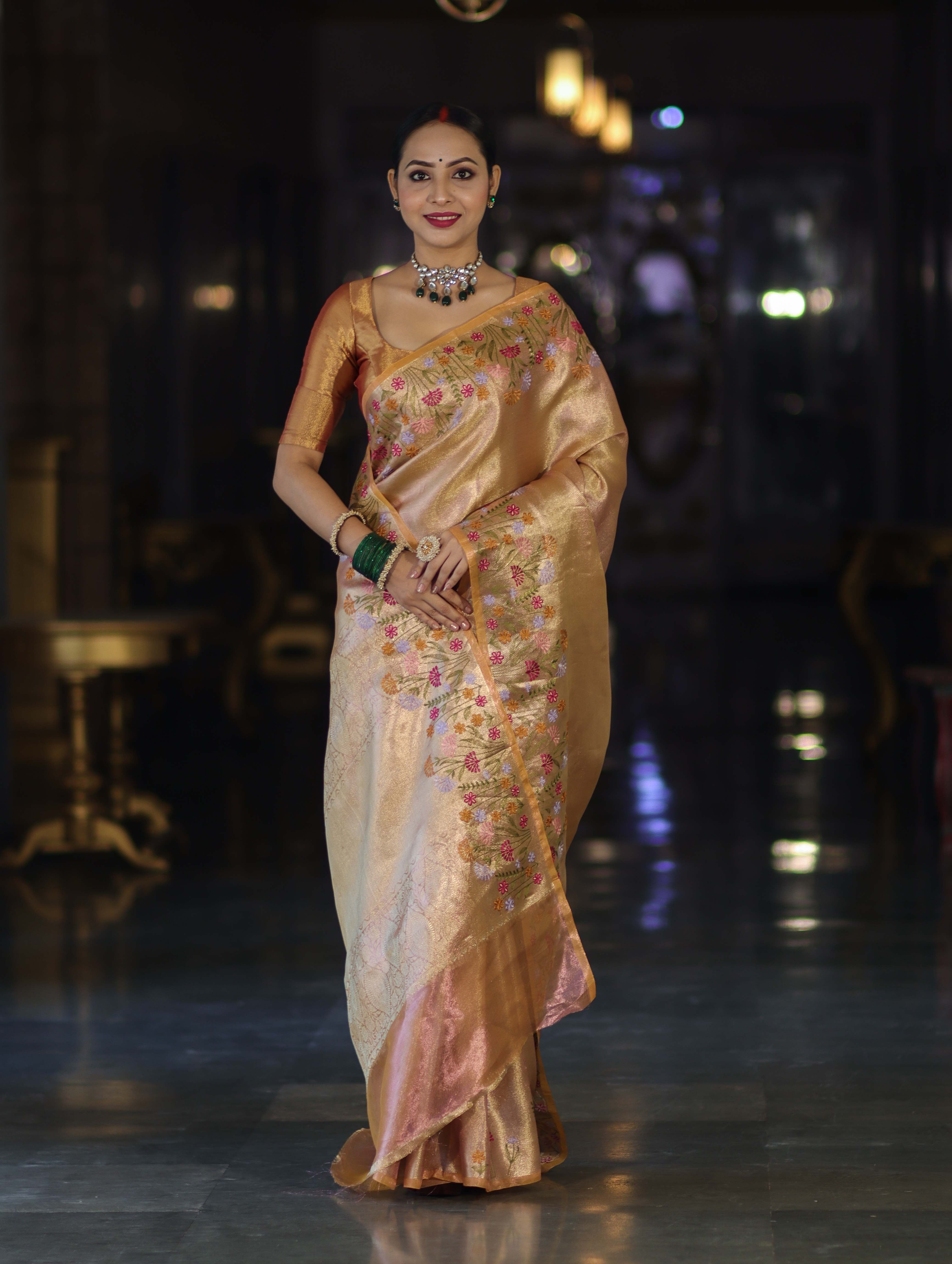 Banarasee Handwoven Tissue Saree With Thread Embroidered Border-Yellow (Gold Tone)