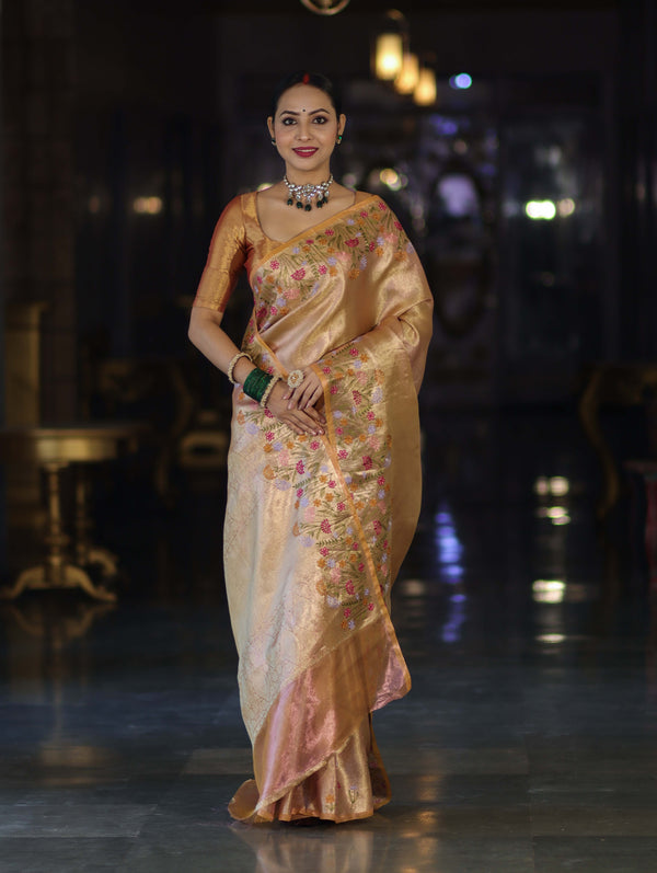 Banarasee Handwoven Tissue Saree With Thread Embroidered Border-Yellow (Gold Tone)