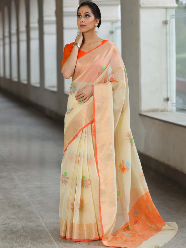 Banarasee Kota Checks Saree With Floral Buta & Border Design-Cream