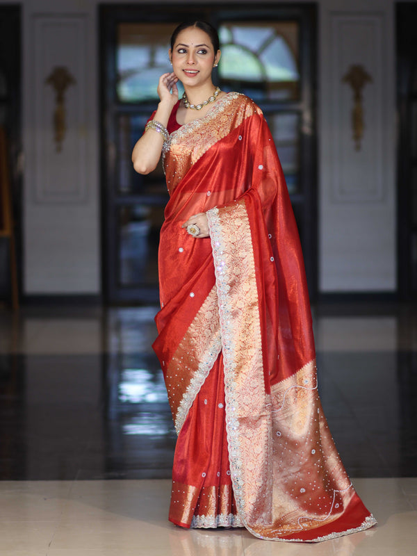 Banarasee Handloom Tissue Saree With Hand Embroidered Mirror Work Pearl Motifs & Zari Woven Pallu-Red