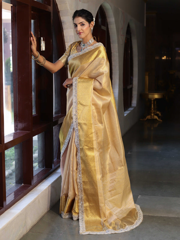 Banarasee Handwoven Tissue Saree With Zari Weaving Design & Lace-Light Yellow