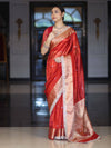 Banarasee Handloom Tissue Saree With Hand Embroidered Mirror Work Pearl Motifs & Zari Woven Pallu-Red