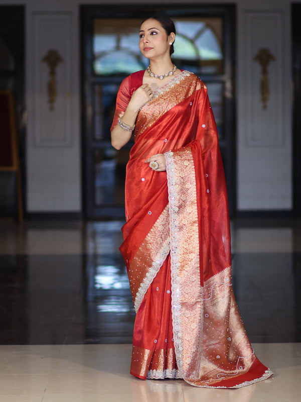 Banarasee Handloom Tissue Saree With Hand Embroidered Mirror Work Pearl Motifs & Zari Woven Pallu-Red