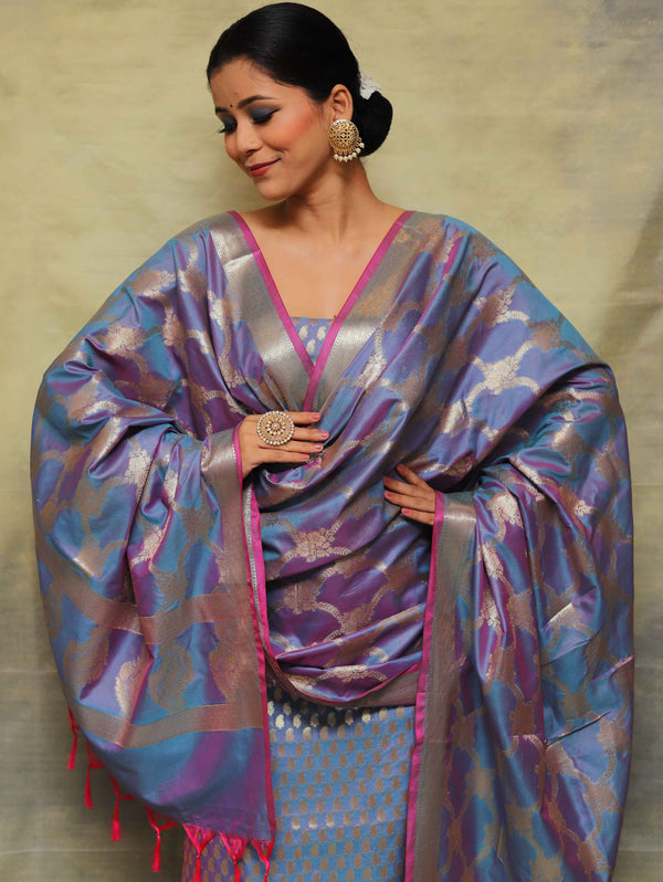 Banarasee Salwar Kameez Semi Katan Silk Fabric With Zari Work-Blue (Pink Tone)