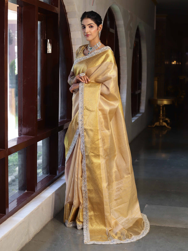 Banarasee Handwoven Tissue Saree With Zari Weaving Design & Lace-Light Yellow