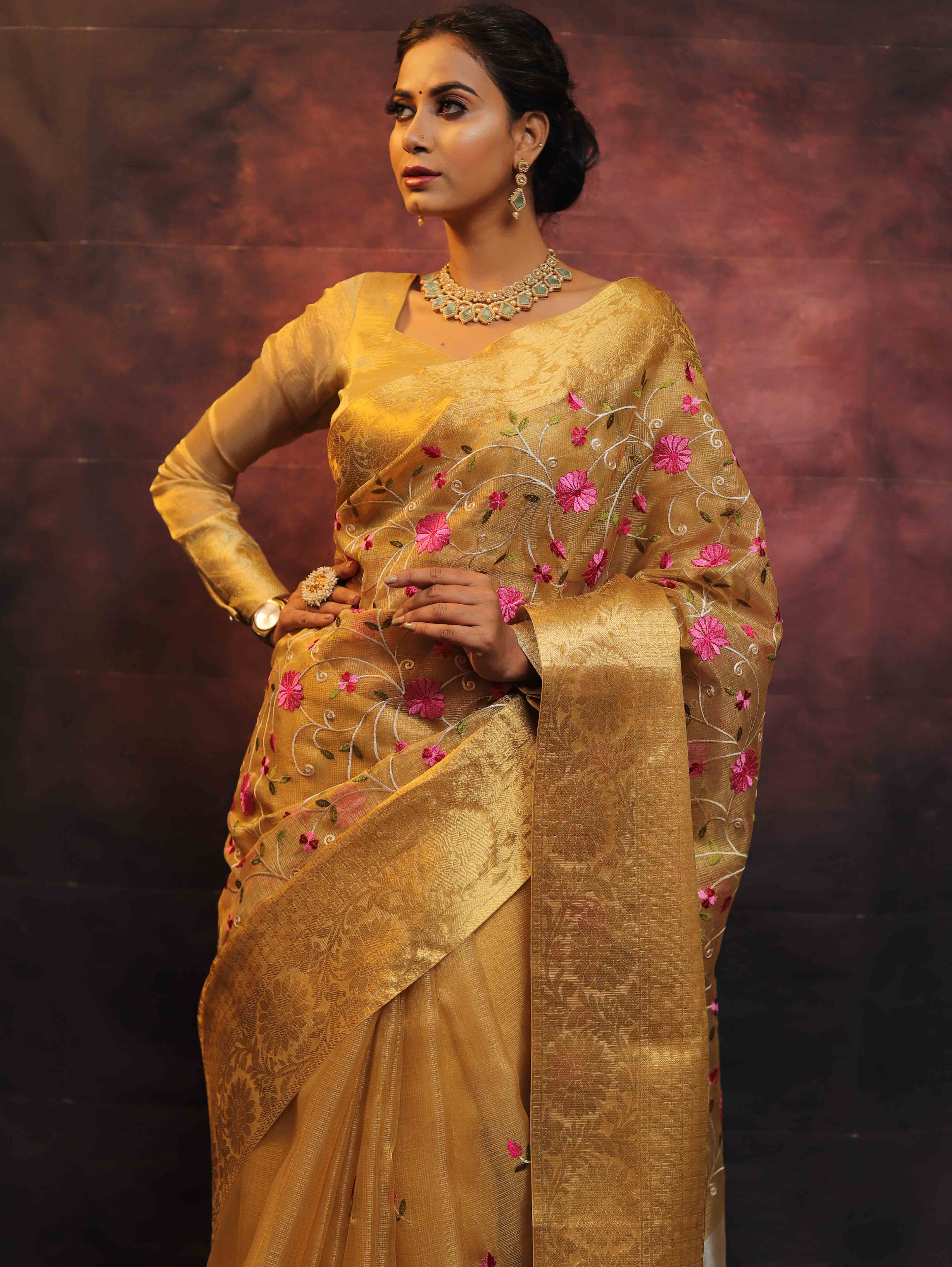 Banarasee Handwoven Broad Border Tissue Saree With Embroidered Floral Design-Gold