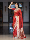 Banarasee Handloom Tissue Saree With Hand Embroidered Mirror Work Pearl Motifs & Zari Woven Pallu-Red