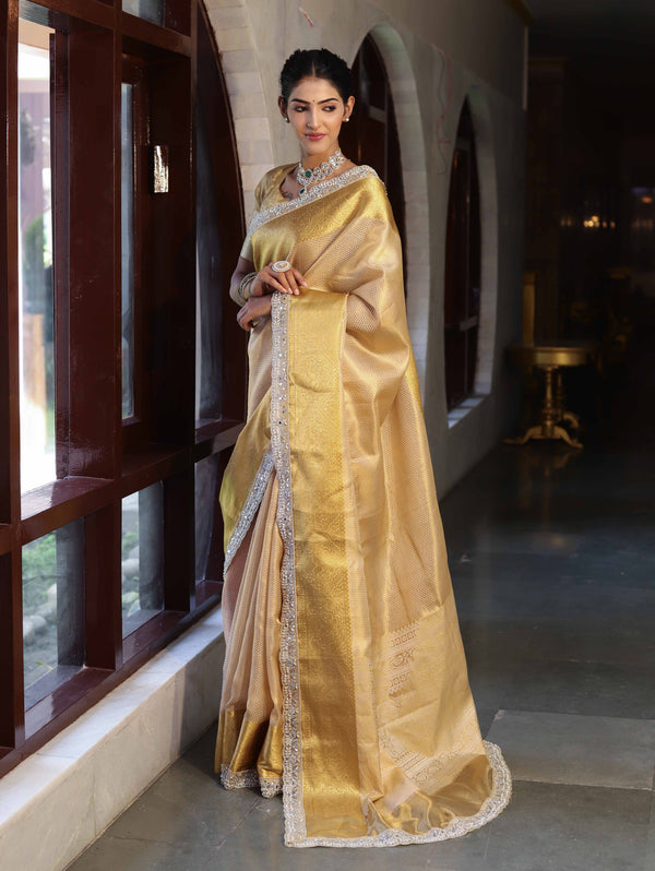 Banarasee Handwoven Tissue Saree With Zari Weaving Design & Lace-Light Yellow