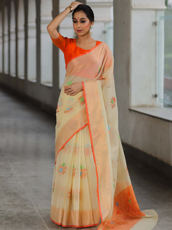 Banarasee Kota Checks Saree With Floral Buta & Border Design-Cream