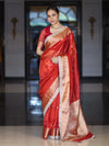 Banarasee Handloom Tissue Saree With Hand Embroidered Mirror Work Pearl Motifs & Zari Woven Pallu-Red
