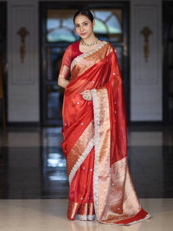 Banarasee Handloom Tissue Saree With Hand Embroidered Mirror Work Pearl Motifs & Zari Woven Pallu-Red