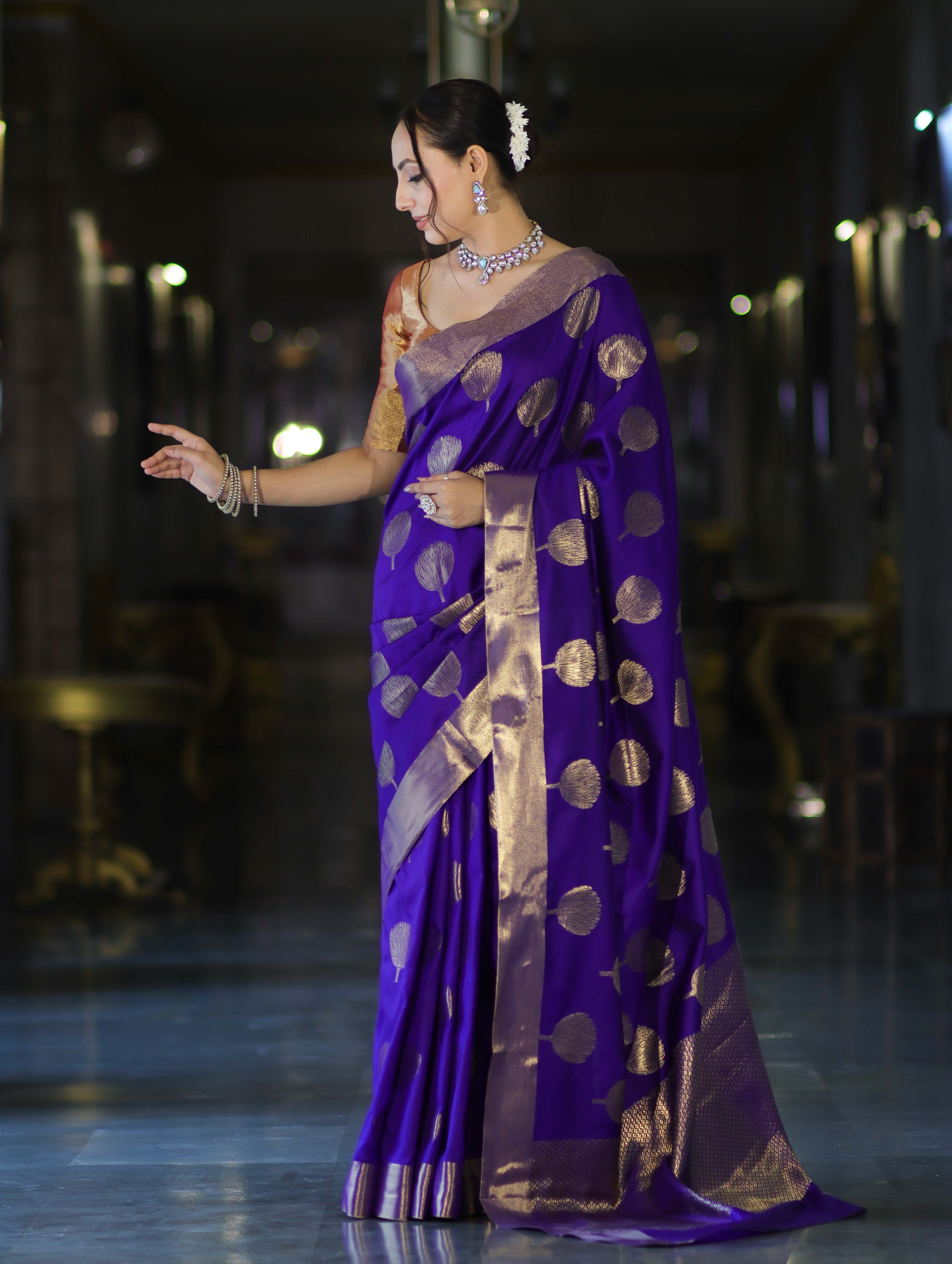 Banarasee Handloom Semi Silk Saree With Buta Work-Violet