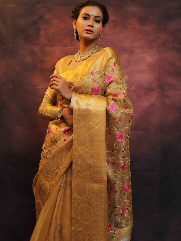 Banarasee Handwoven Broad Border Tissue Saree With Embroidered Floral Design-Gold