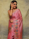 Banarasee Handwoven Semi Silk Plain Saree With Broad Zari & Meena Border-Pink