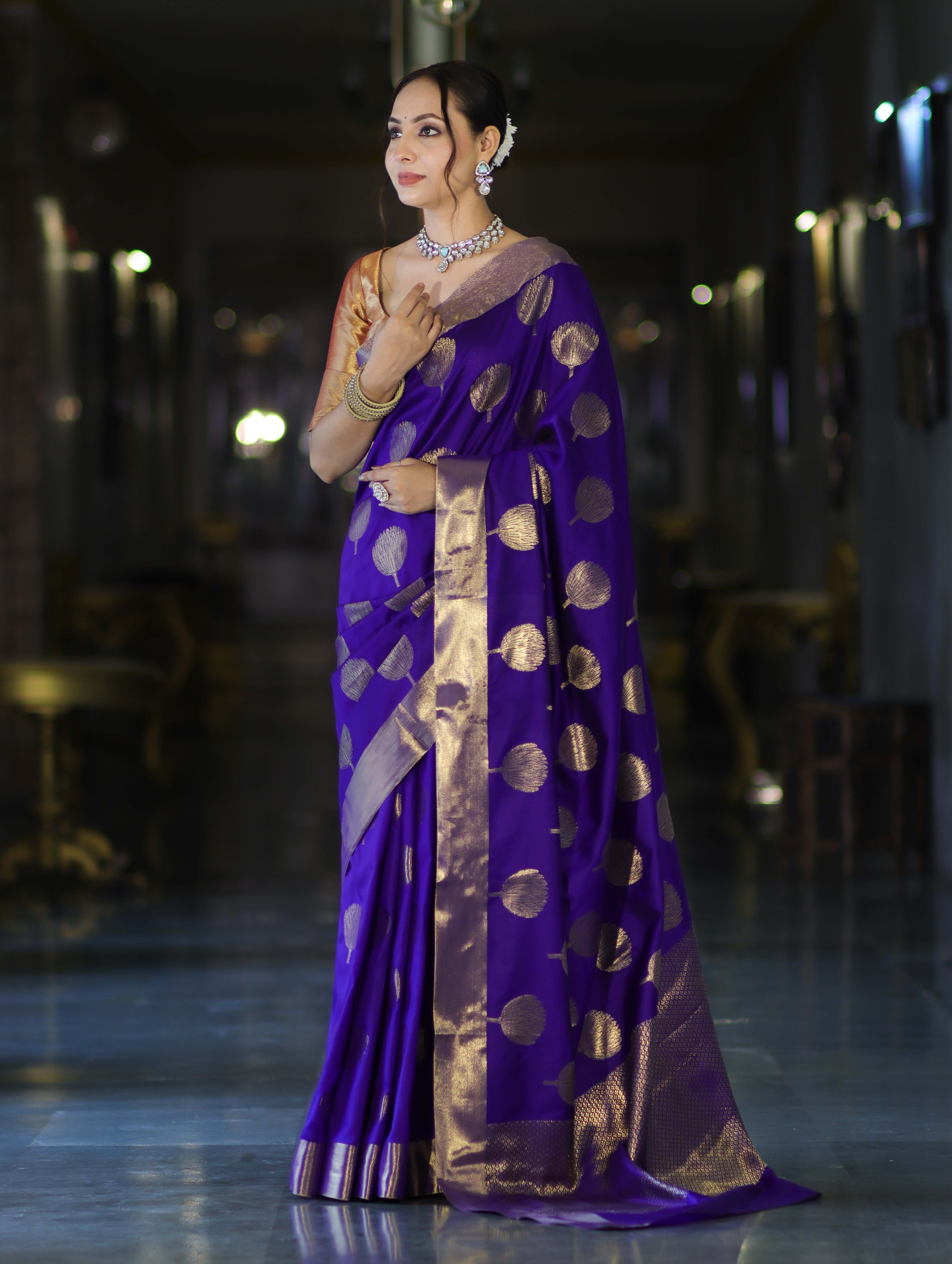 Banarasee Handloom Semi Silk Saree With Buta Work-Violet