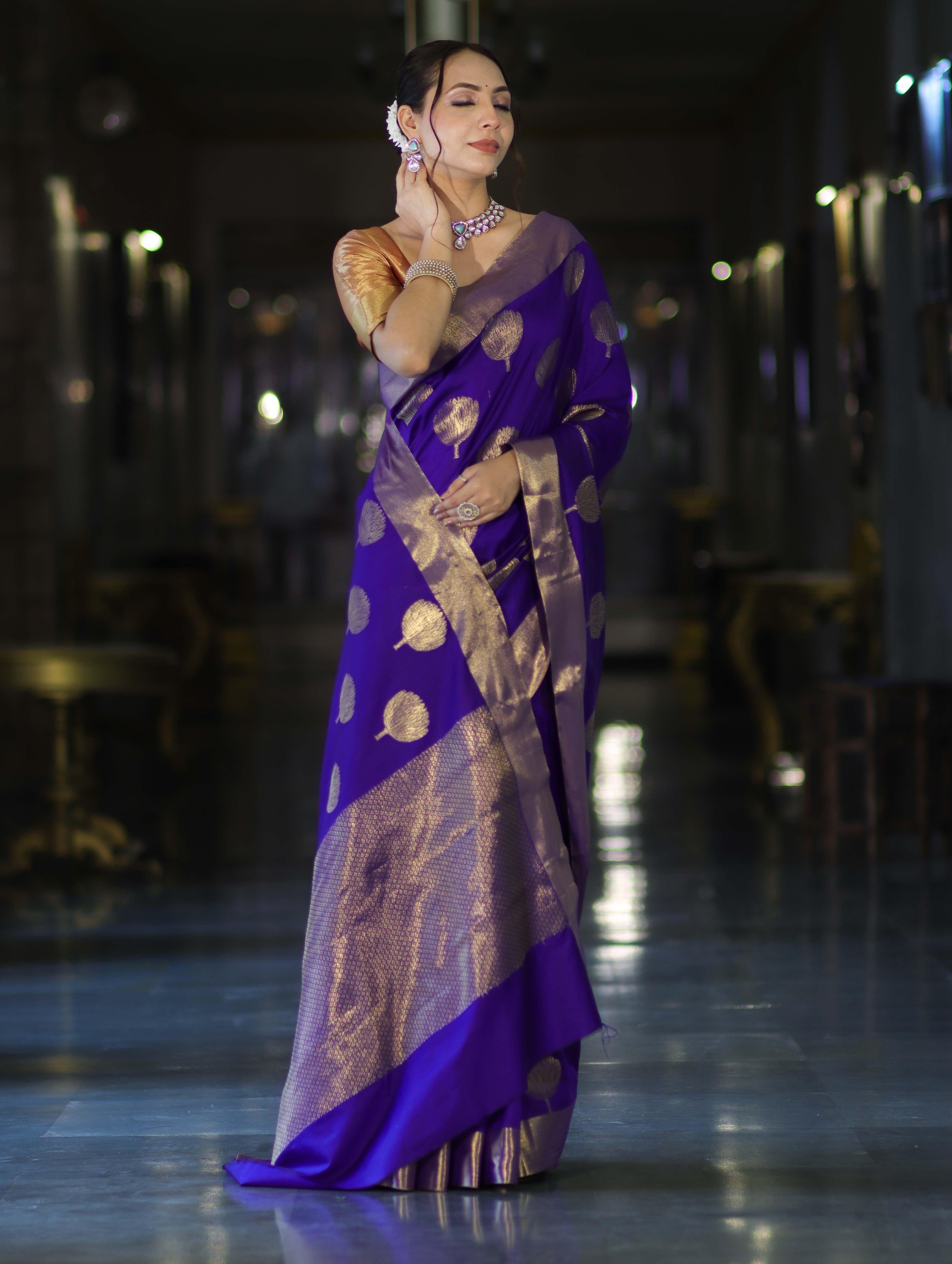 Banarasee Handloom Semi Silk Saree With Buta Work-Violet