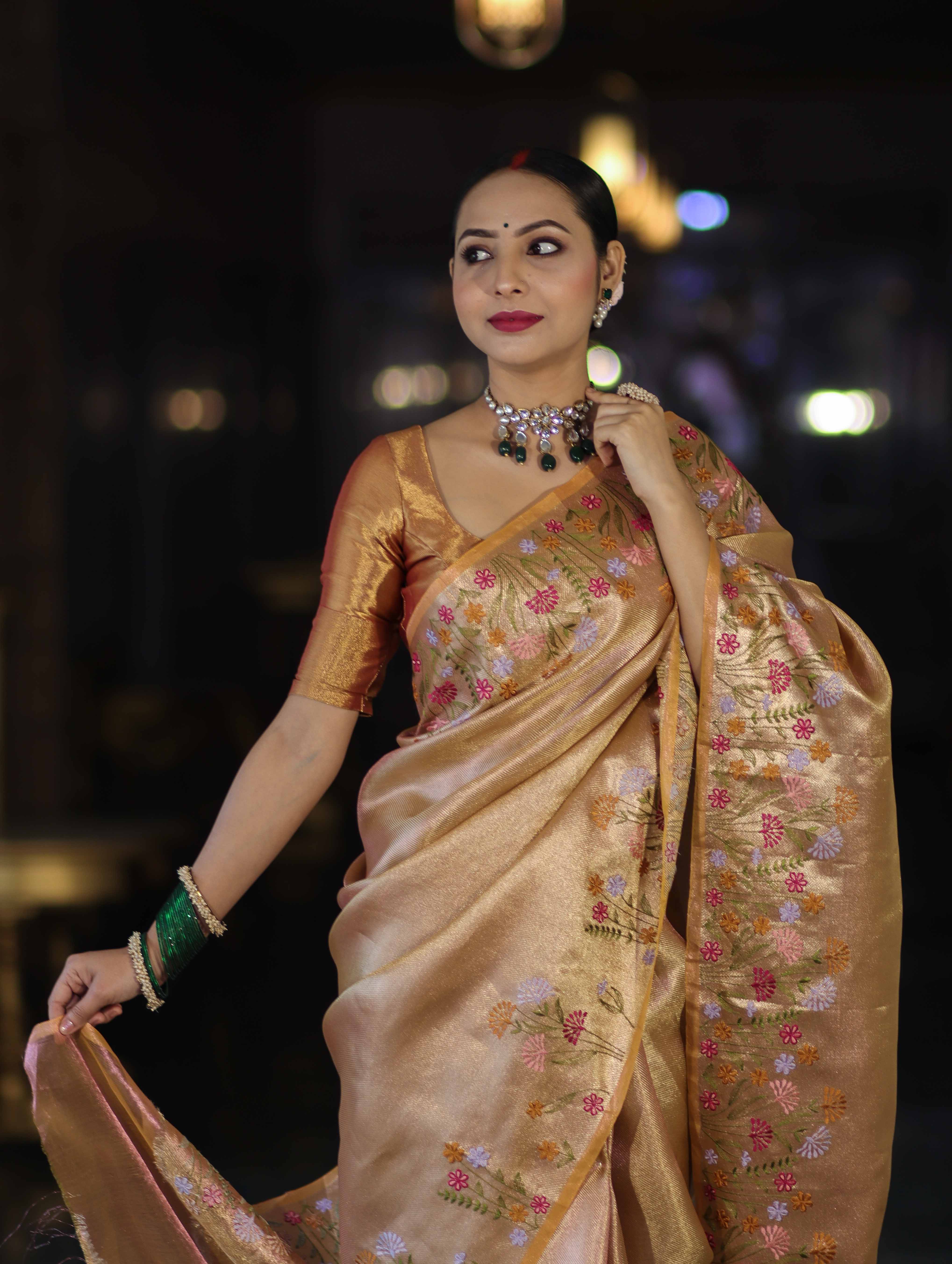 Banarasee Handwoven Tissue Saree With Thread Embroidered Border-Yellow (Gold Tone)