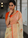 Banarasee Kota Checks Saree With Floral Buta & Border Design-Cream