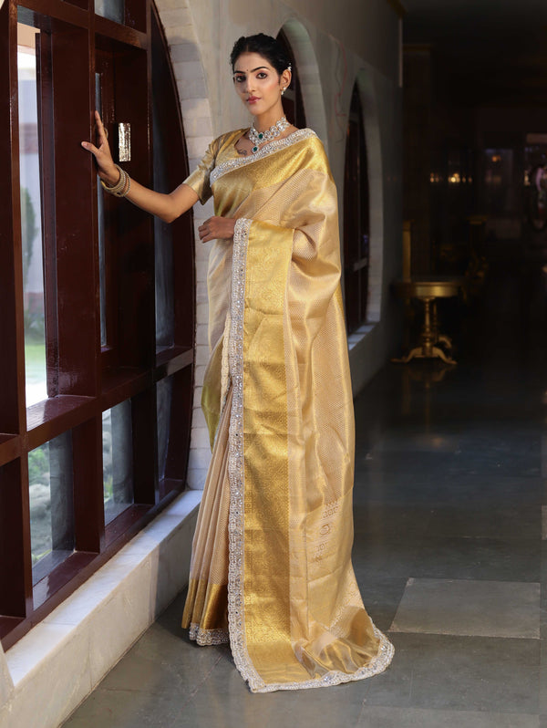 Banarasee Handwoven Tissue Saree With Zari Weaving Design & Lace-Light Yellow