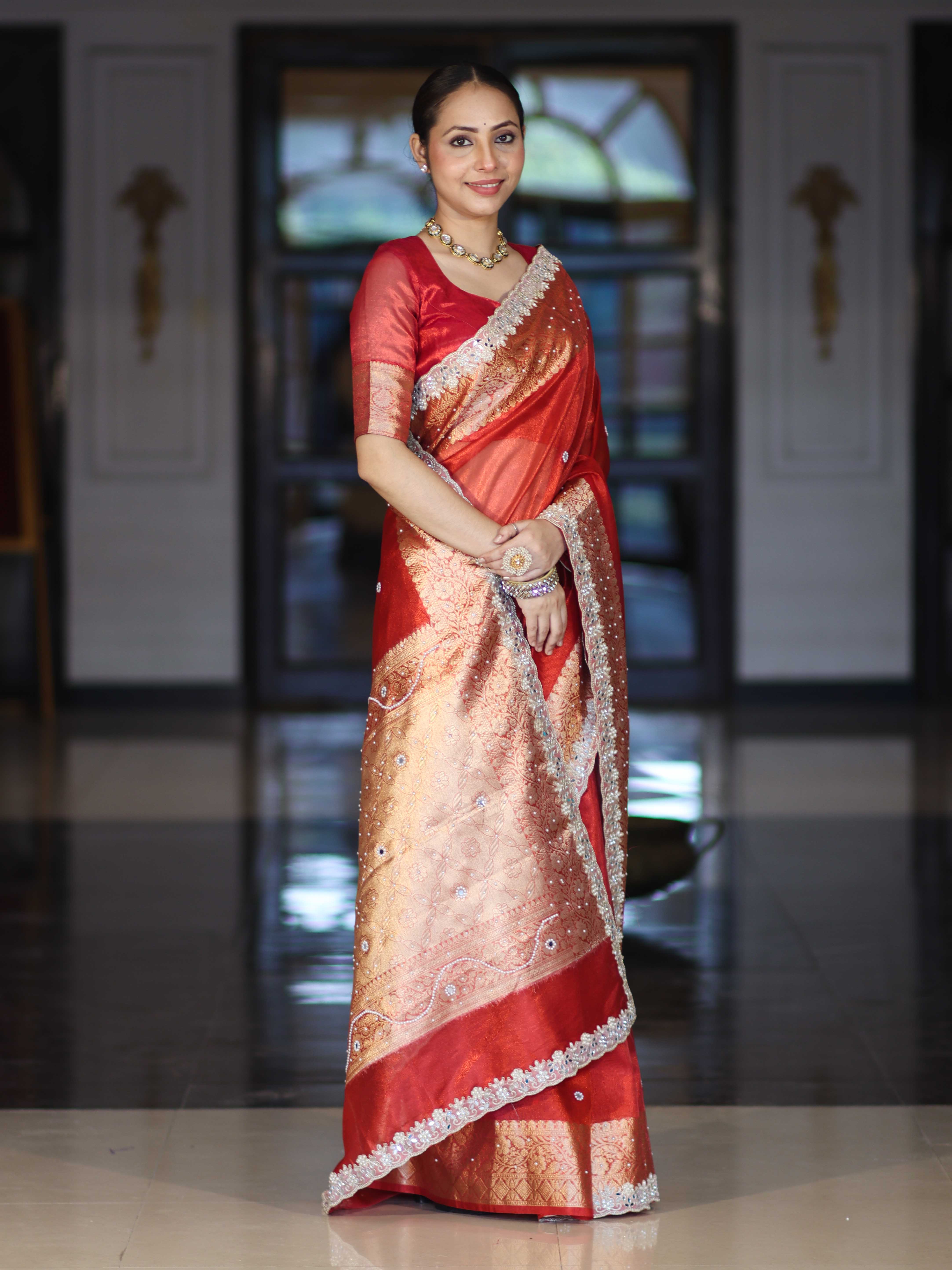 Banarasee Handloom Tissue Saree With Hand Embroidered Mirror Work Pearl Motifs & Zari Woven Pallu-Red