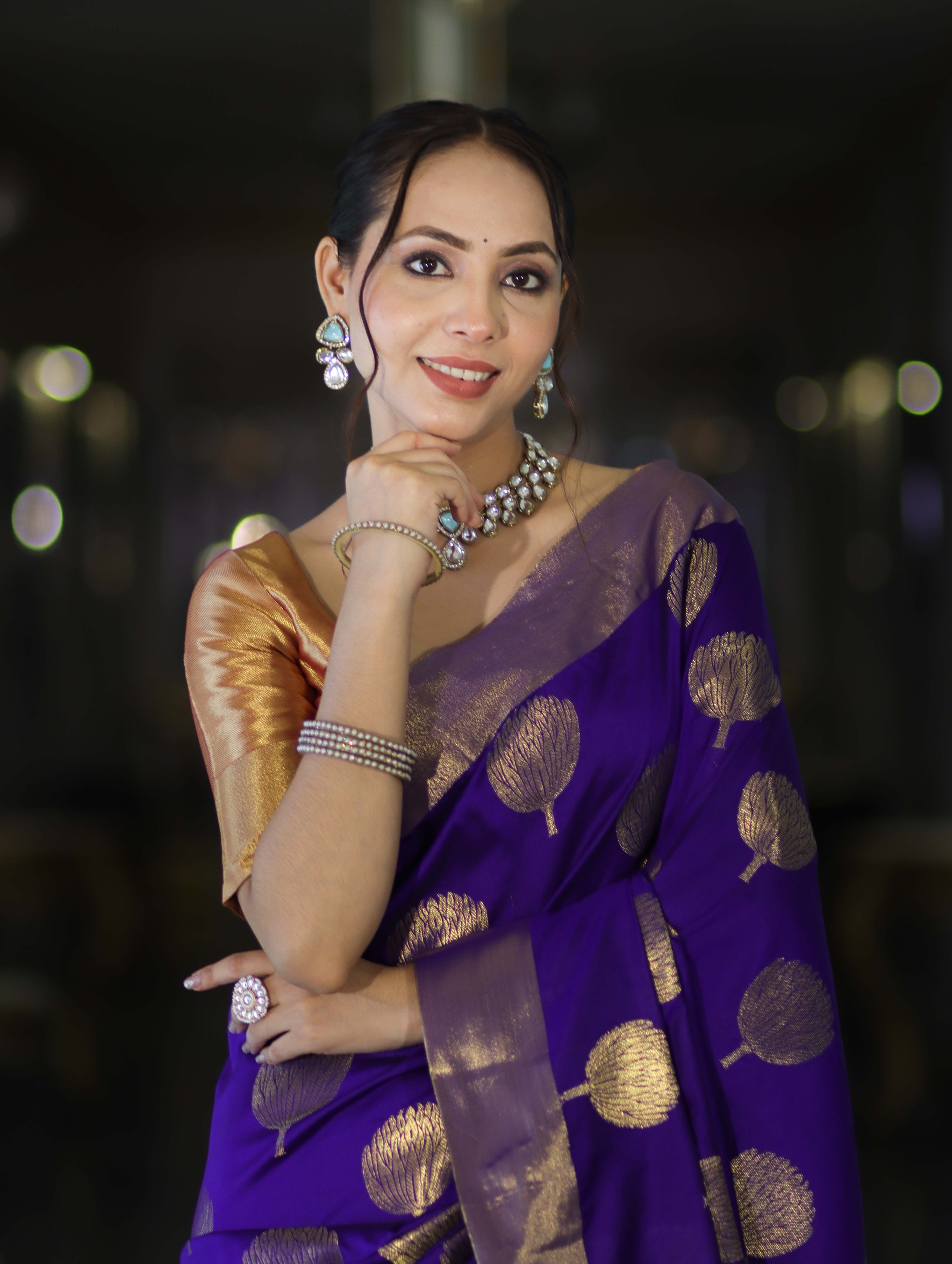 Banarasee Handloom Semi Silk Saree With Buta Work-Violet