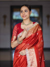 Banarasee Handloom Tissue Saree With Hand Embroidered Mirror Work Pearl Motifs & Zari Woven Pallu-Red