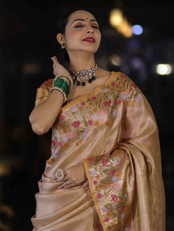 Banarasee Handwoven Tissue Saree With Thread Embroidered Border-Yellow (Gold Tone)