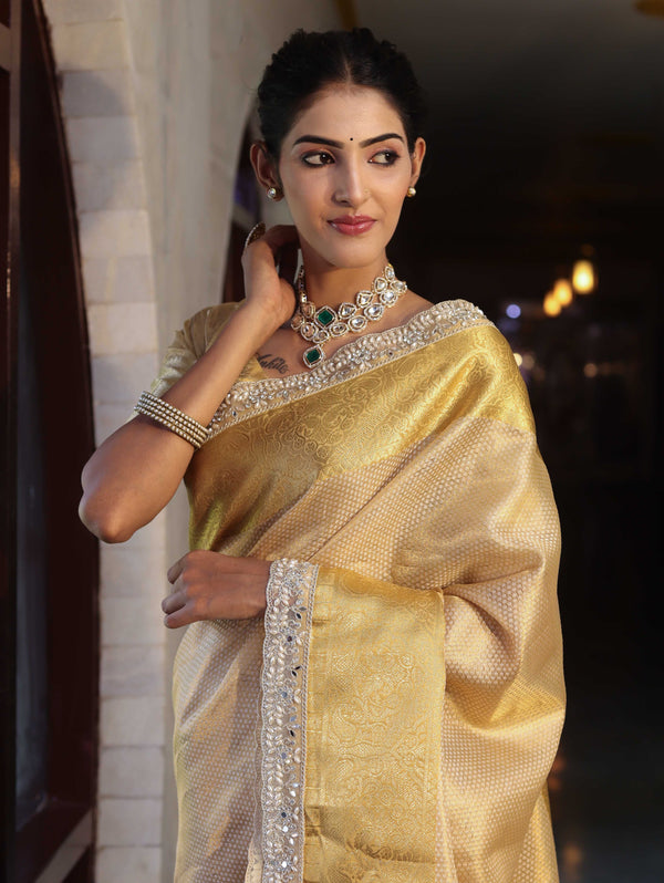 Banarasee Handwoven Tissue Saree With Zari Weaving Design & Lace-Light Yellow