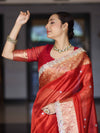 Banarasee Handloom Tissue Saree With Hand Embroidered Mirror Work Pearl Motifs & Zari Woven Pallu-Red