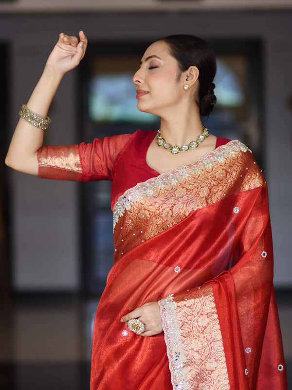 Banarasee Handloom Tissue Saree With Hand Embroidered Mirror Work Pearl Motifs & Zari Woven Pallu-Red