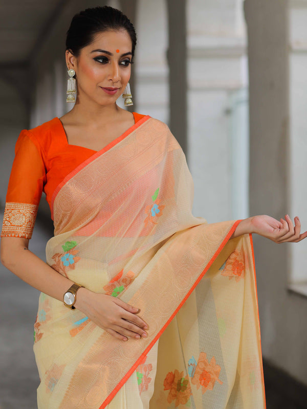 Banarasee Kota Checks Saree With Floral Buta & Border Design-Cream