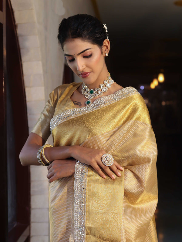 Banarasee Handwoven Tissue Saree With Zari Weaving Design & Lace-Light Yellow