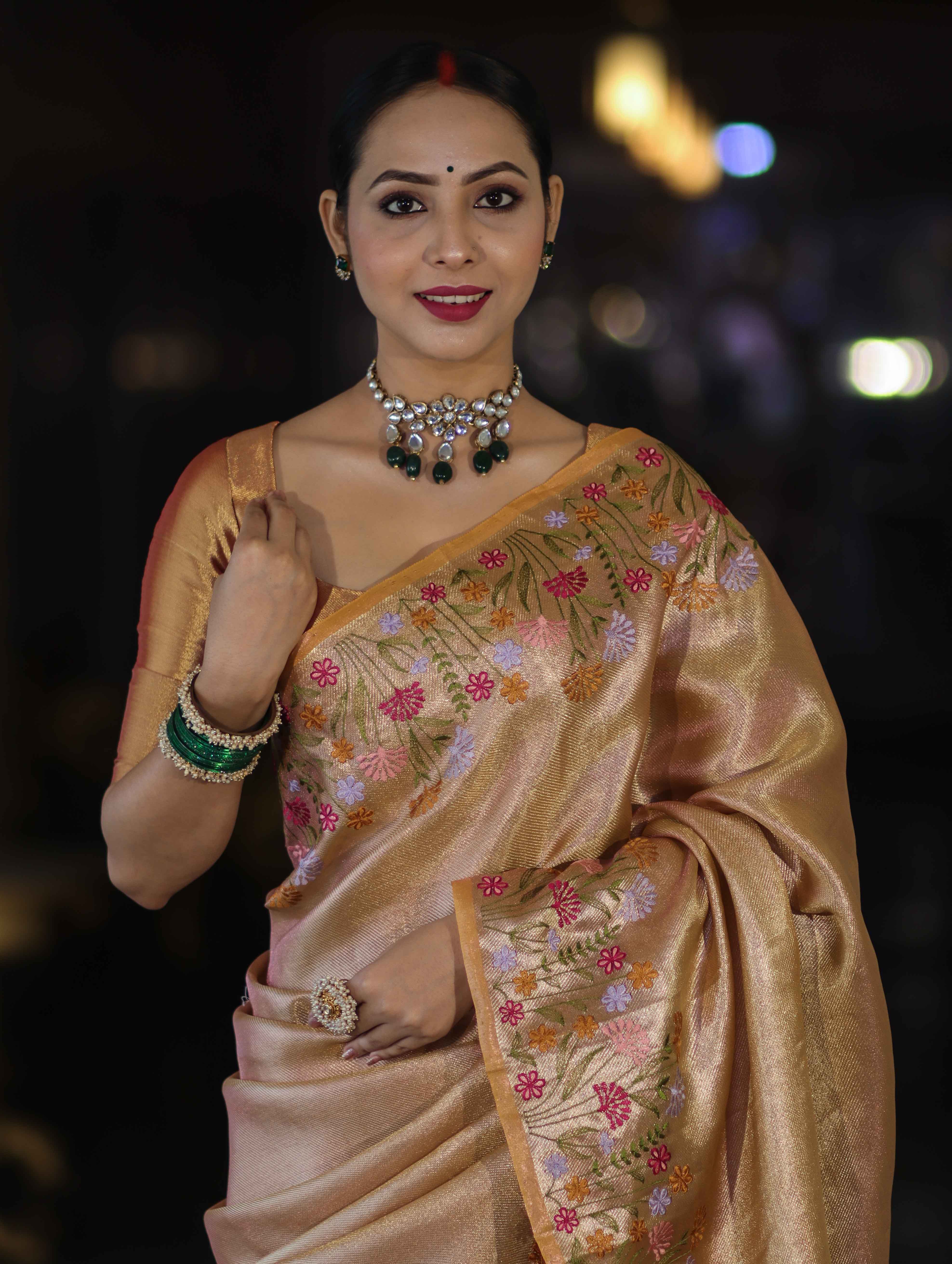 Banarasee Handwoven Tissue Saree With Thread Embroidered Border-Yellow (Gold Tone)