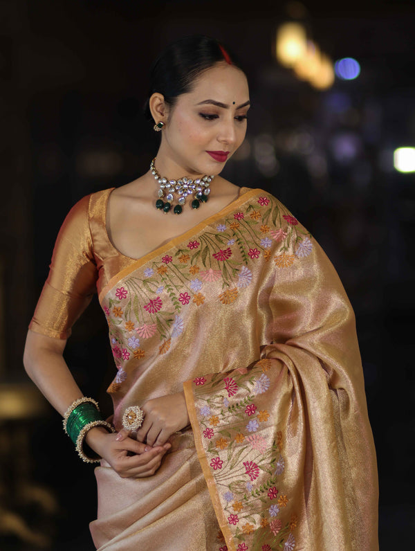 Banarasee Handwoven Tissue Saree With Thread Embroidered Border-Yellow (Gold Tone)