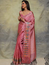 Banarasee Handwoven Semi Silk Plain Saree With Broad Zari & Meena Border-Pink
