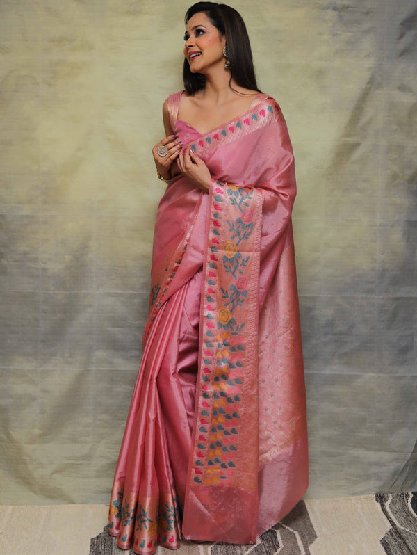 Banarasee Handwoven Semi Silk Plain Saree With Broad Zari & Meena Border-Pink