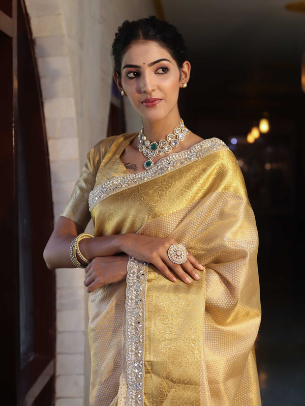 Banarasee Handwoven Tissue Saree With Zari Weaving Design & Lace-Light Yellow