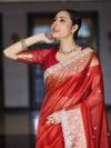 Banarasee Handloom Tissue Saree With Hand Embroidered Mirror Work Pearl Motifs & Zari Woven Pallu-Red