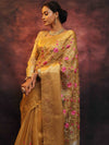 Banarasee Handwoven Broad Border Tissue Saree With Embroidered Floral Design-Gold