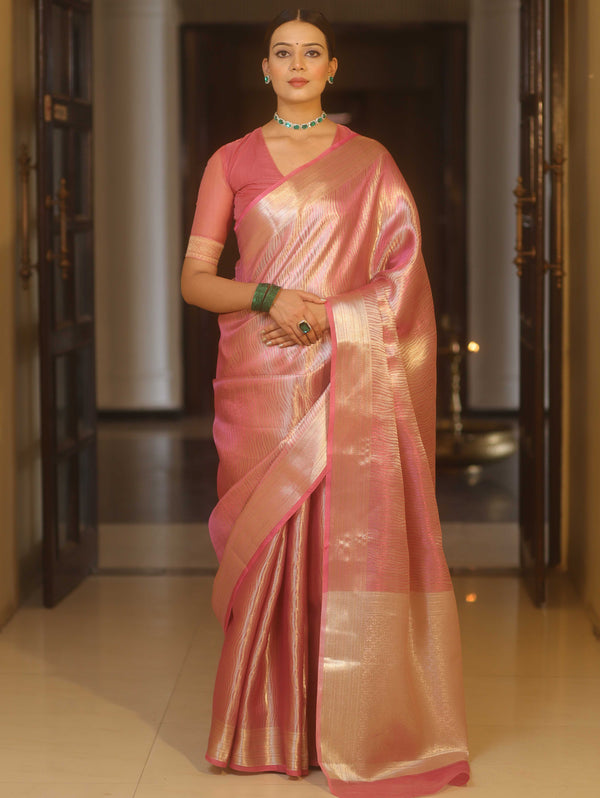 Banarasee Handwoven Tissue Saree With Silver Zari Design & Broder-Onion Pink